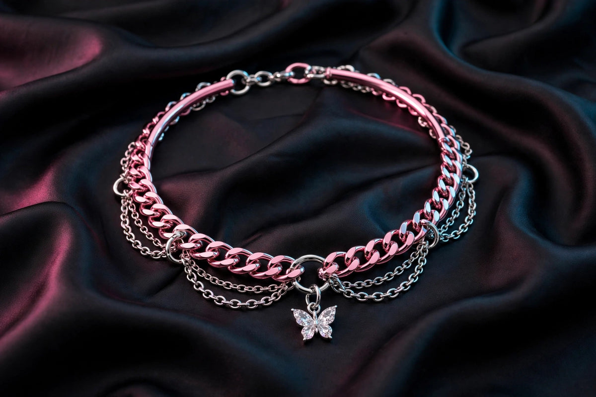 Pink Chrome Choker Necklace with Butterfly Charm
